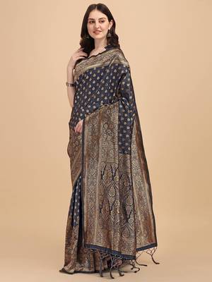 Dark Grey Woven Banarasi Saree Without Blouse 2