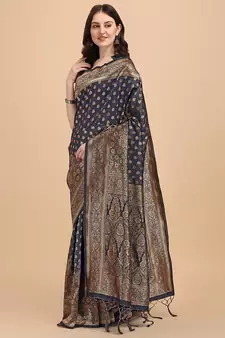Dark Grey Woven Banarasi Saree Without Blouse
