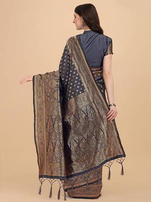 Dark Grey Woven Banarasi Saree Without Blouse 3