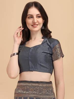 Dark Grey Woven Banarasi Saree Without Blouse 5