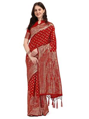 Red Woven Banarasi Saree Without Blouse 1