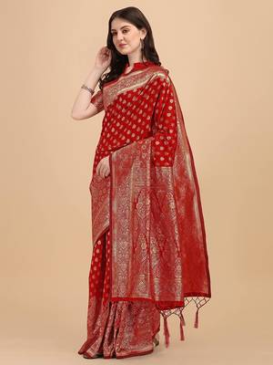 Red Woven Banarasi Saree Without Blouse 2