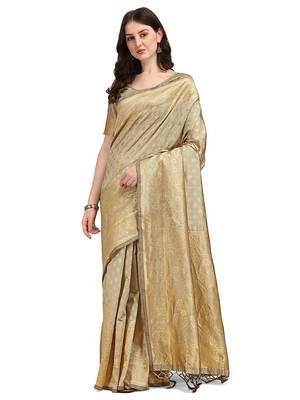 Cream Woven Banarasi Saree Without Blouse 1