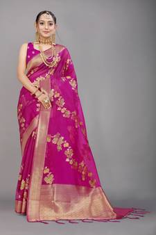 Pink Woven Art Silk Saree With Blouse