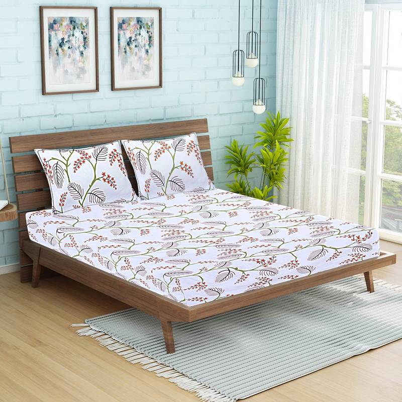 Siroki Bond Off White Premium Cotton Printed Bedsheets with Pillow Cover