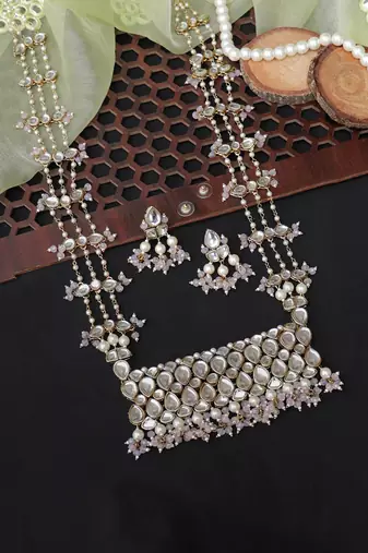 Pastel Pink Beads Kundan Necklace Set 