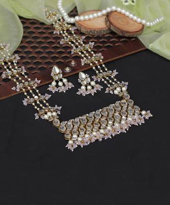 Pastel Pink Beads Kundan Necklace Set  3