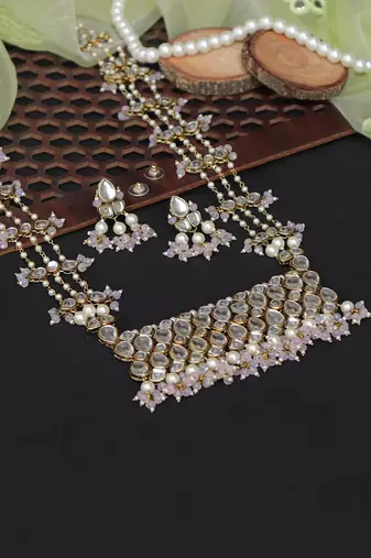 Pastel Pink Beads Kundan Necklace Set 