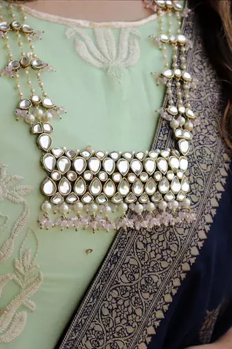 Pastel Pink Beads Kundan Necklace Set 