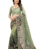 Green embroidered net saree with blouse