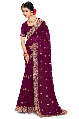 Purple embroidered georgette saree with blouse 1