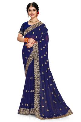 Navy blue embroidered georgette saree with blouse 1