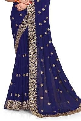 Navy blue embroidered georgette saree with blouse 3