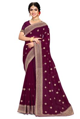 Purple embroidered georgette saree with blouse 1