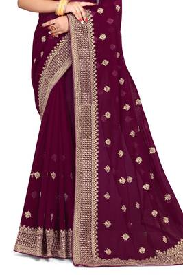 Purple embroidered georgette saree with blouse 3