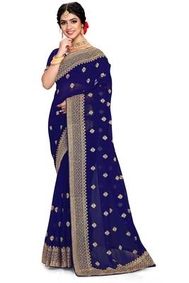 Navy blue embroidered georgette saree with blouse 1