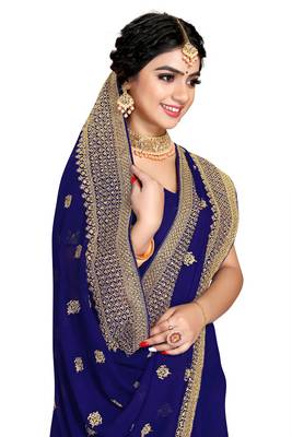 Navy blue embroidered georgette saree with blouse 2