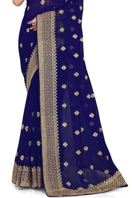 Navy blue embroidered georgette saree with blouse 3