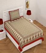 Red Border Cream Base Gold Floral Print 180 TC 100% Cotton Single Bed Sheet With 1 Pillow Cover
