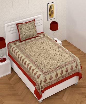 Red Border Cream Base Gold Floral Print 180 TC 100% Cotton Single Bed Sheet With 1 Pillow Cover 2