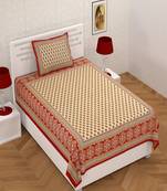 Red Border Cream Base Floral Print 180 TC 100% Cotton Single Bed Sheet With 1 Pillow Cover