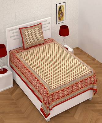 Red Border Cream Base Floral Print 180 TC 100% Cotton Single Bed Sheet With 1 Pillow Cover 2