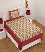 Red Border Cream Base Gold Motif Print 180 TC 100% Cotton Single Bed Sheet With 1 Pillow Cover