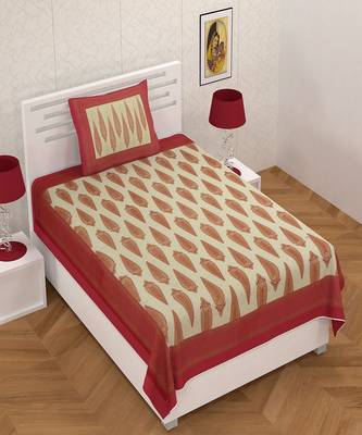 Red Border Cream Base Gold Motif Print 180 TC 100% Cotton Single Bed Sheet With 1 Pillow Cover 3