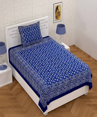 Blue Base Floral Printed 150 TC 100% Cotton Single Bed Sheet With 1 Pillow Cover 1