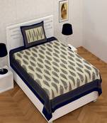 Blue Border Golden Motif Print 180 TC 100% Cotton Single Bed Sheet With 1 Pillow Cover