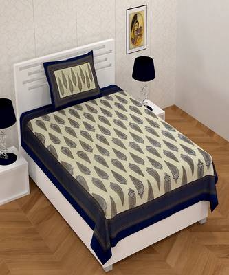 Blue Border Golden Motif Print 180 TC 100% Cotton Single Bed Sheet With 1 Pillow Cover 2