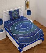 Blue Border Golden Barat In Circle Pattern 180 TC Super Fine Cotton Single Bed Sheet With 1 Pillow Cover