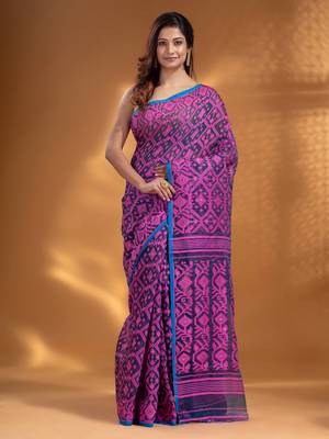 Navy Blue Silk Cotton Handwoven Soft Jamdani Saree With Allover Nakshi Design Without Blouse 1
