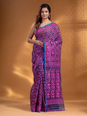 Navy Blue Silk Cotton Handwoven Soft Jamdani Saree With Allover Nakshi Design Without Blouse 2