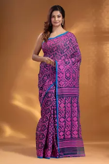 Navy Blue Silk Cotton Handwoven Soft Jamdani Saree With Allover Nakshi Design Without Blouse