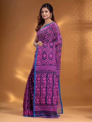 Navy Blue Silk Cotton Handwoven Soft Jamdani Saree With Allover Nakshi Design Without Blouse 3