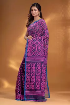 Navy Blue Silk Cotton Handwoven Soft Jamdani Saree With Allover Nakshi Design Without Blouse