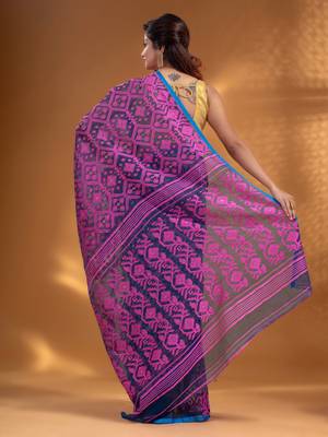Navy Blue Silk Cotton Handwoven Soft Jamdani Saree With Allover Nakshi Design Without Blouse 4