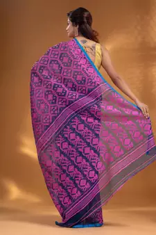 Navy Blue Silk Cotton Handwoven Soft Jamdani Saree With Allover Nakshi Design Without Blouse