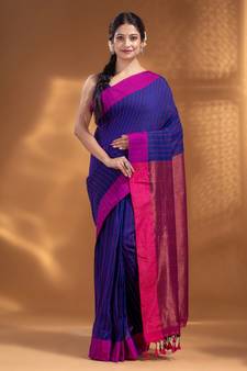 Royal Blue Cotton  handwoven soft Saree with zari pallu