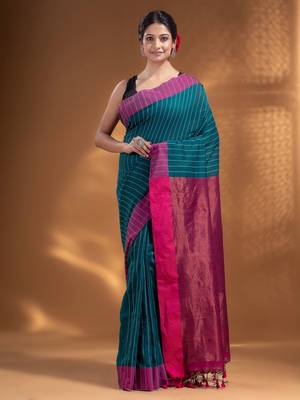 Teal Cotton  handwoven soft Saree with zari pallu 1