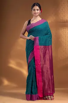 Teal Cotton  handwoven soft Saree with zari pallu