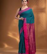 Teal Cotton  handwoven soft Saree with zari pallu