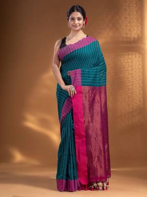 Teal Cotton  handwoven soft Saree with zari pallu 2