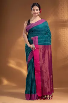 Teal Cotton  handwoven soft Saree with zari pallu