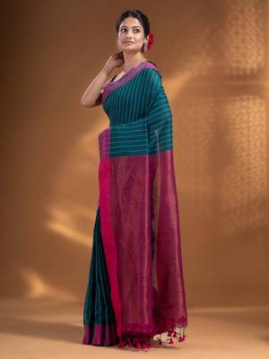 Teal Cotton  handwoven soft Saree with zari pallu 3