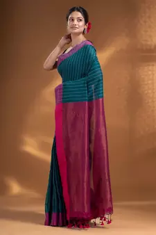Teal Cotton  handwoven soft Saree with zari pallu