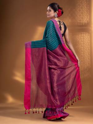 Teal Cotton  handwoven soft Saree with zari pallu 4