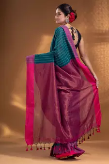Teal Cotton  handwoven soft Saree with zari pallu