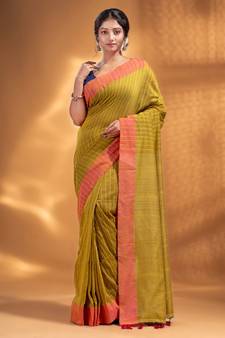 Lime Green Cotton  handwoven soft Saree with zari pallu